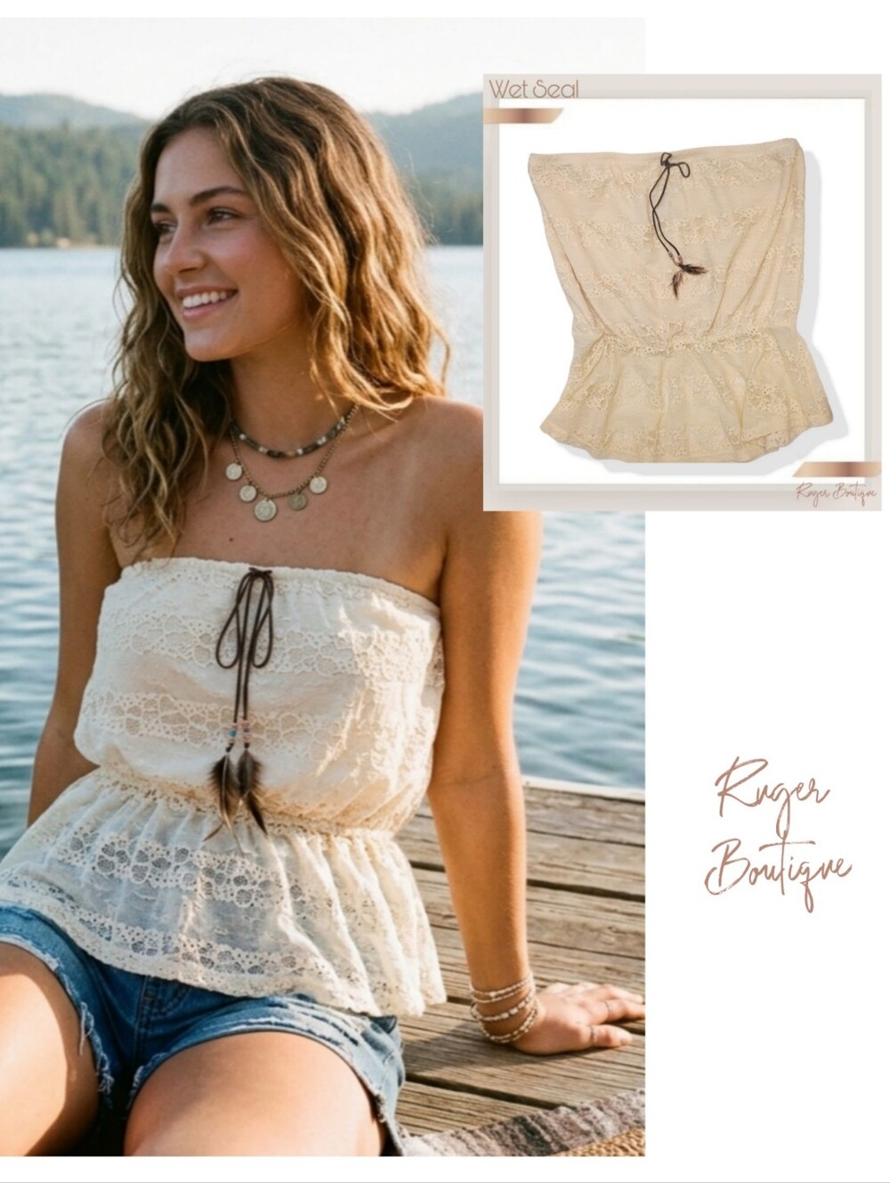 🌿Wet Seal Cream Lace Boho Strapless Tube Top Flounce Peplum XL